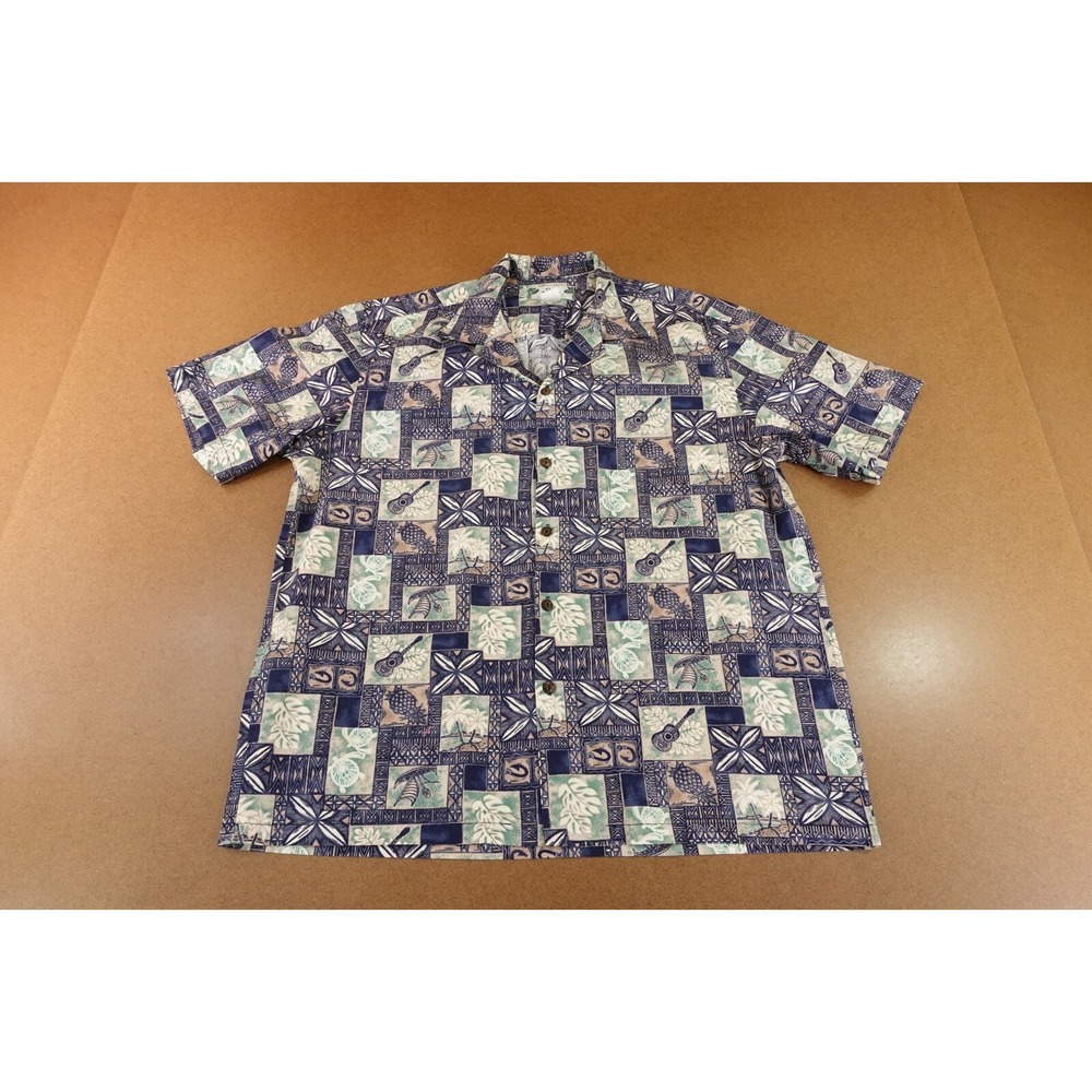 Two Palms Mens Large Blue Hawaiian Print Short Sleeve Button Front Camp Shirt